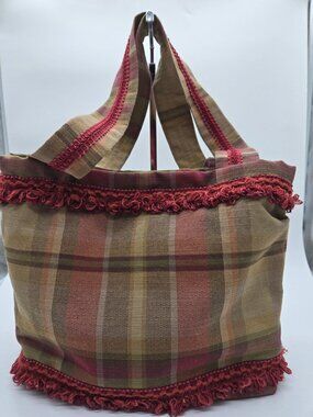 Handmade Plaid Double Handle Tote with Fringe Accent Olive Green and Burgandy
